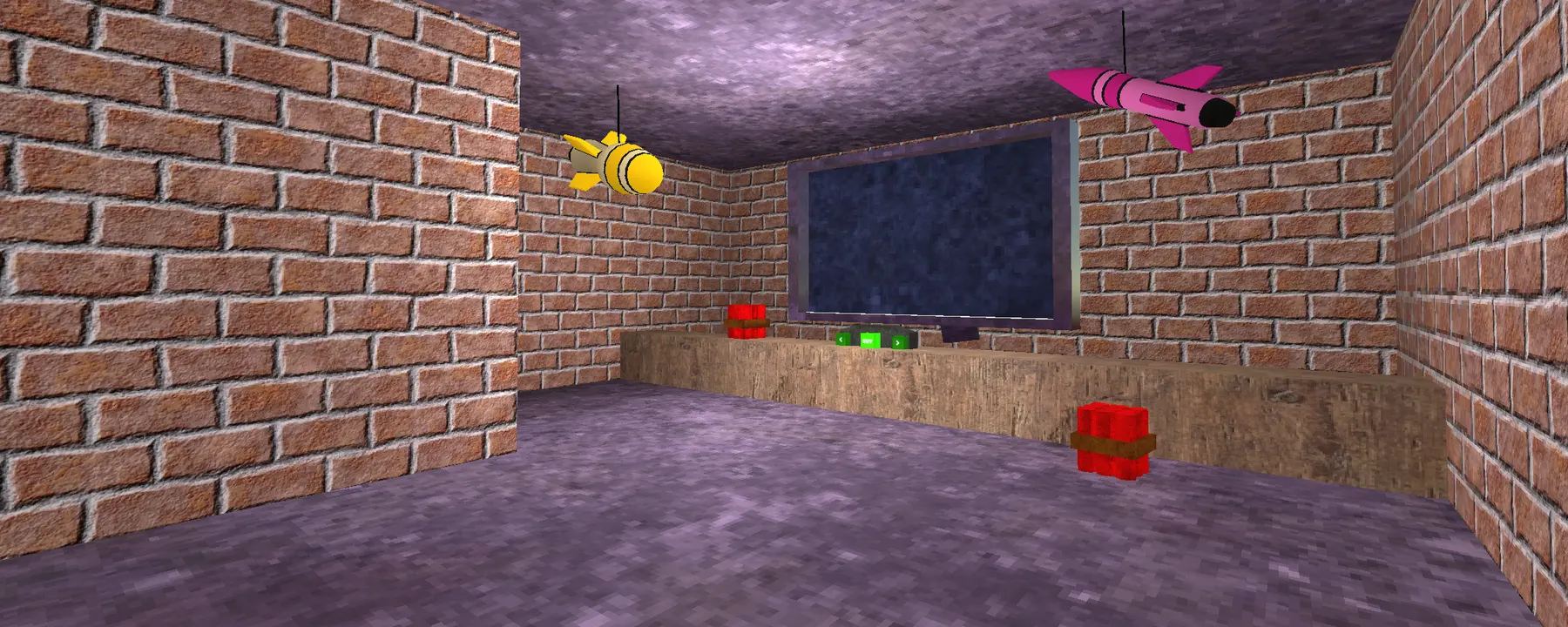 A BOOM arena with bombs suspended from the ceiling