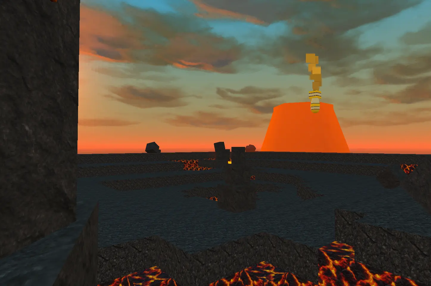 Volcanic arena at sunset with lava channels and a bomb falling